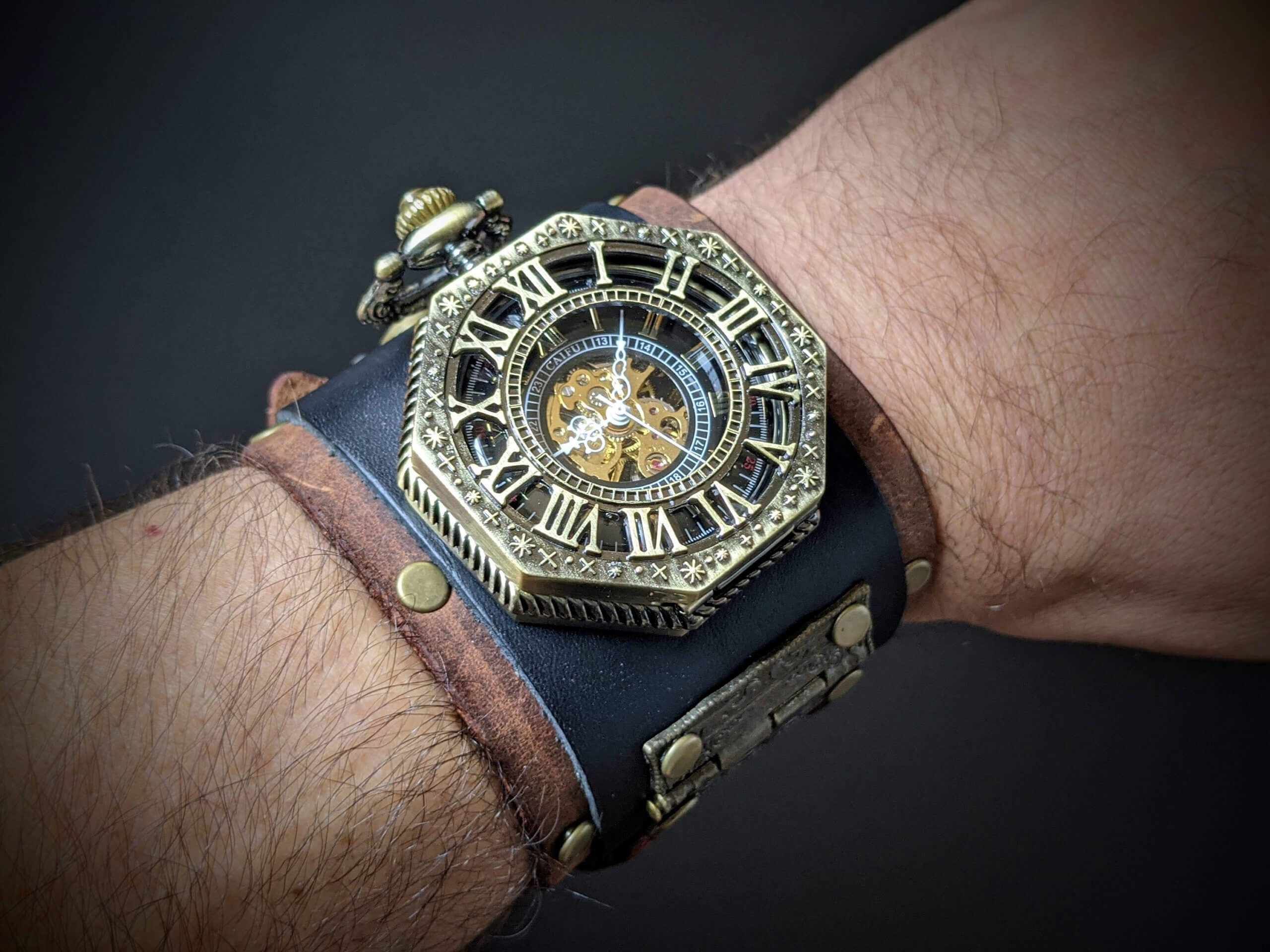 Unique Leather Movement Pocket Watch on a wrist steampunk cuff bracelet,  Steampunk Cyberpunk Themed Wristwatch – J&J Leather, Steampunk and Watches